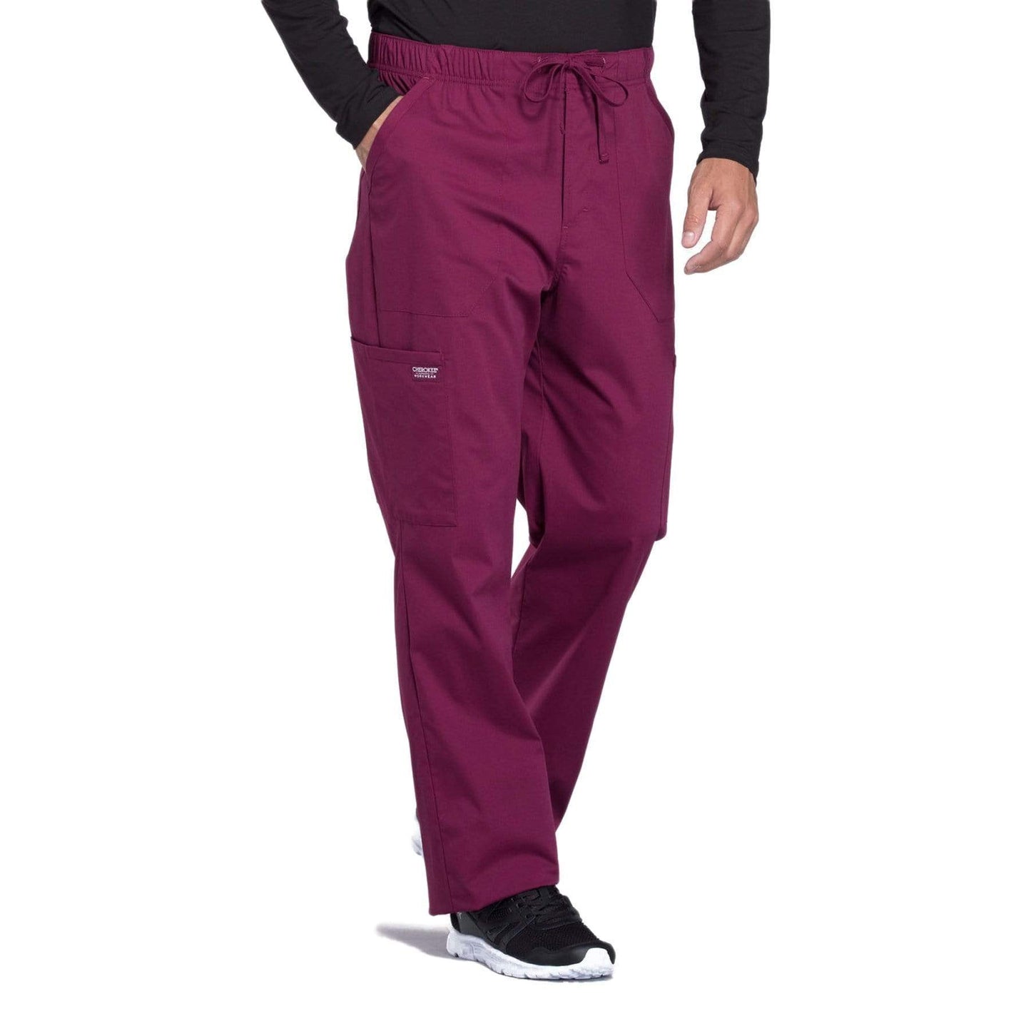 Cherokee Scrubs Pants Cherokee Workwear Professionals WW190 Scrubs Pants Mens Tapered Leg Drawstring Cargo Wine
