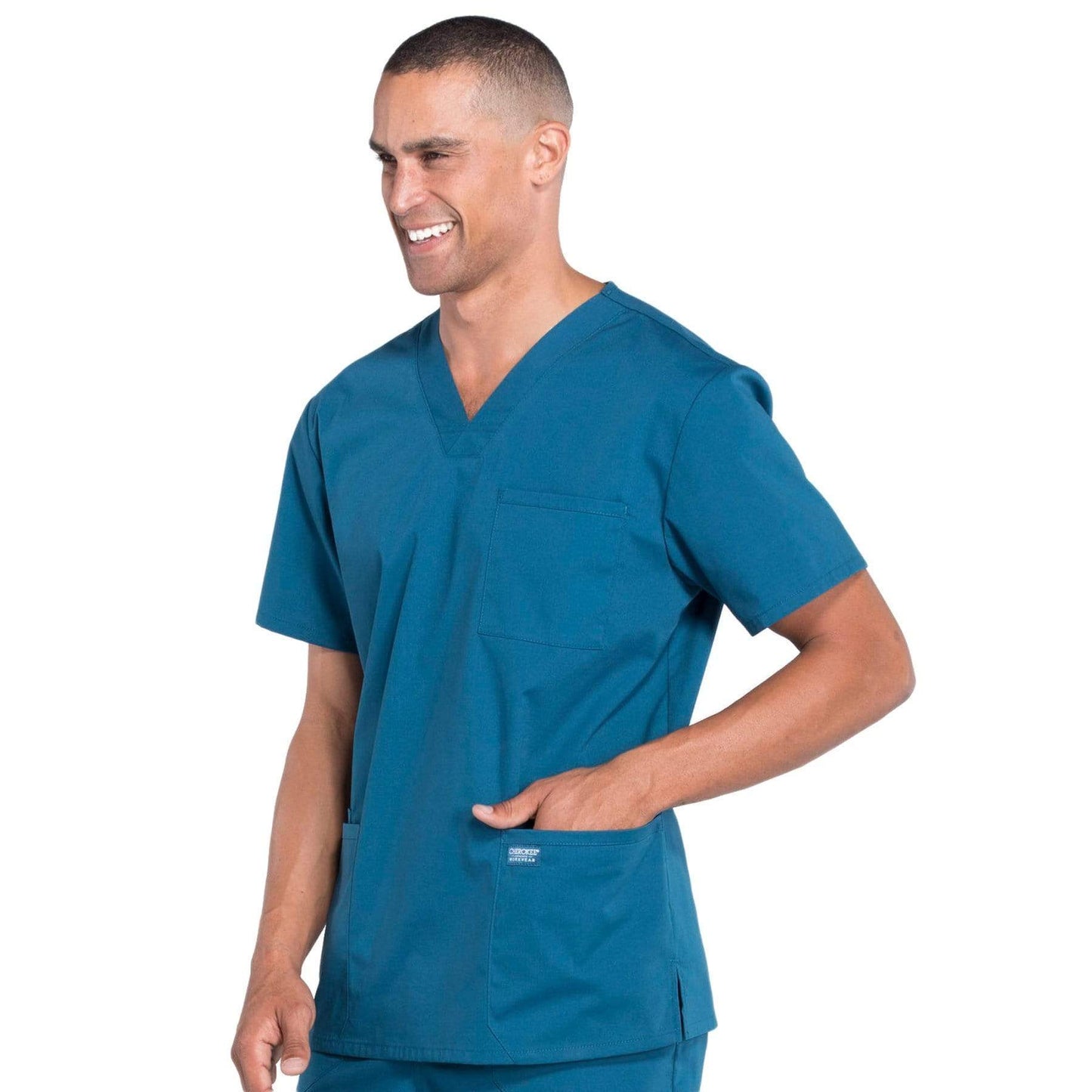 Cherokee Scrubs Top Cherokee Workwear Professionals WW695 Scrubs Top Mens V-Neck Caribbean Blue
