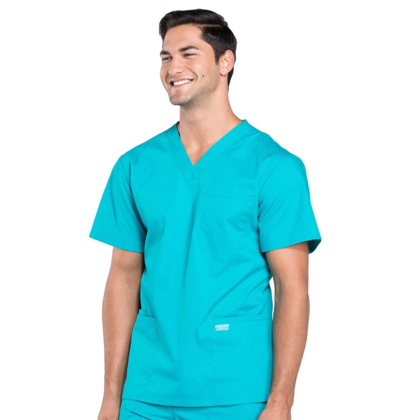 Cherokee Scrubs Top Cherokee Workwear Professionals WW695 Scrubs Top Mens V-Neck Teal Blue