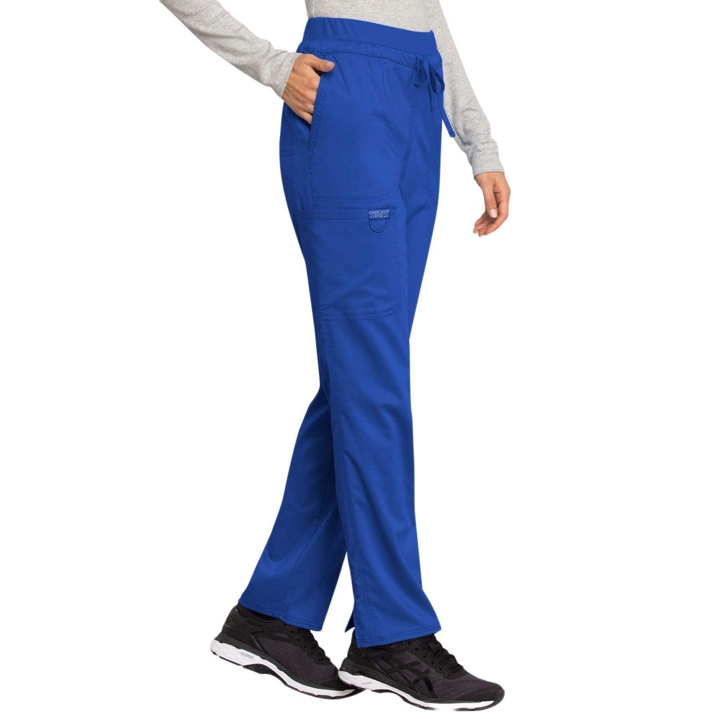 Cherokee Scrubs Pants Cherokee Workwear Revolution WW105 Scrubs Pants Womens Mid Rise Tapered Leg Drawstring Royal