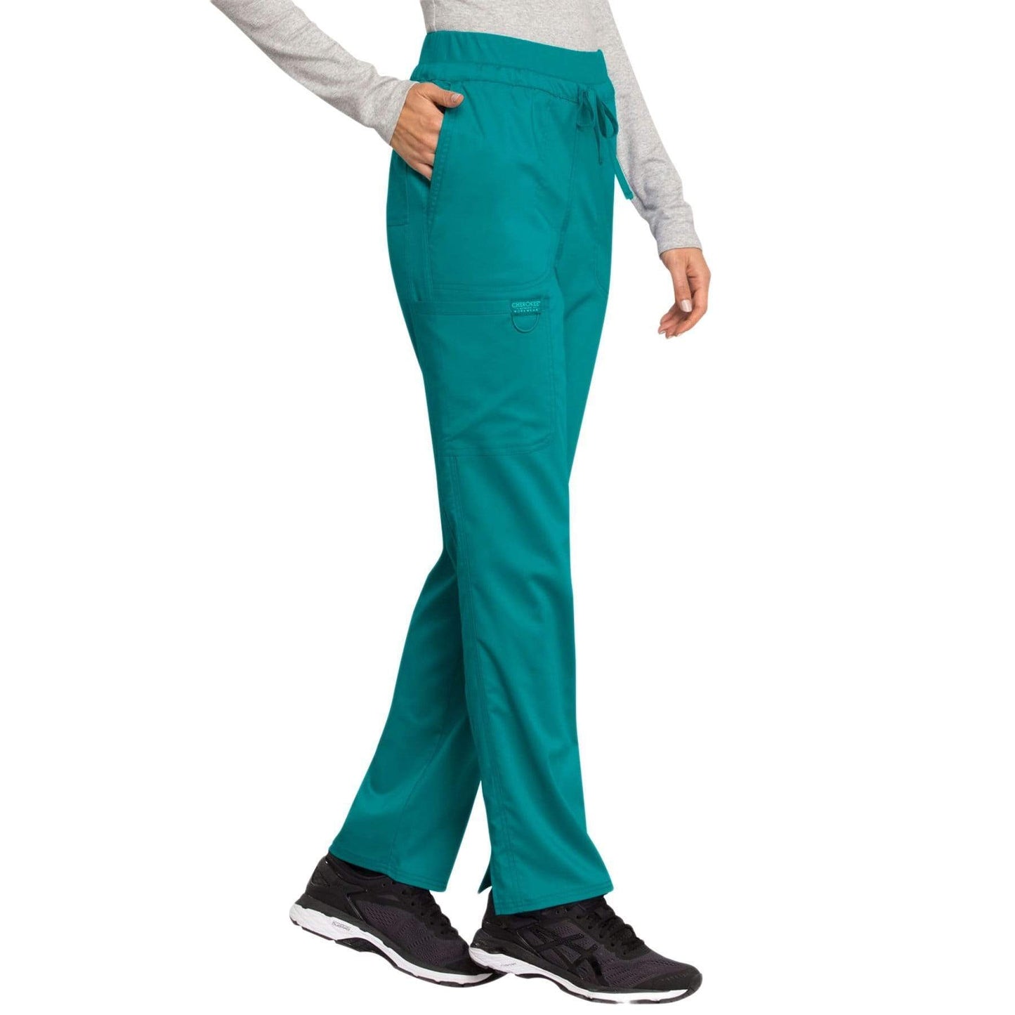 Cherokee Scrubs Pants Cherokee Workwear Revolution WW105 Scrubs Pants Womens Mid Rise Tapered Leg Drawstring Teal Blue