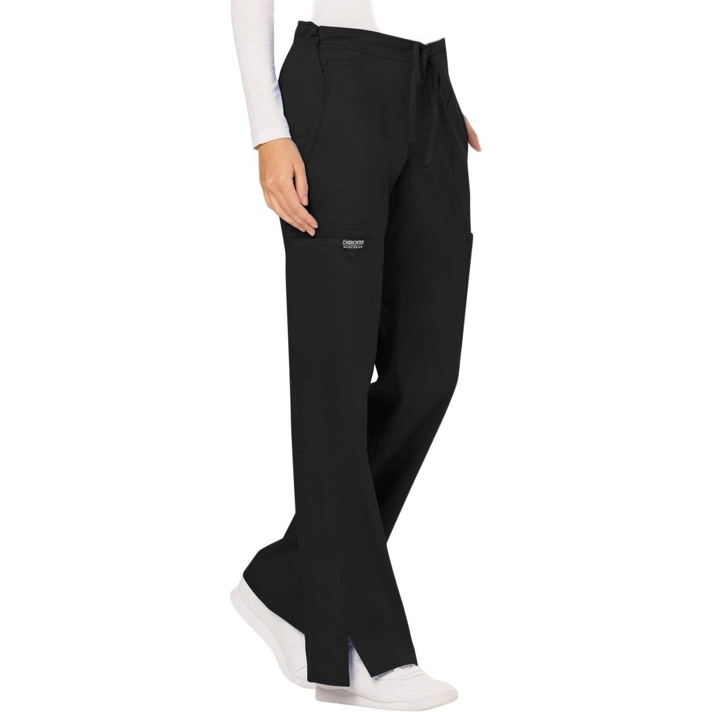 Cherokee Scrubs Pants Cherokee Workwear Revolution WW120 Scrubs Pants Womens Mid Rise Flare Drawstring Black
