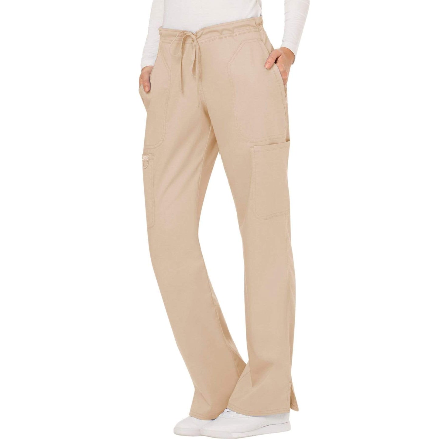 Cherokee Scrubs Pants Cherokee Workwear Revolution WW120 Scrubs Pants Womens Mid Rise Flare Drawstring Khaki
