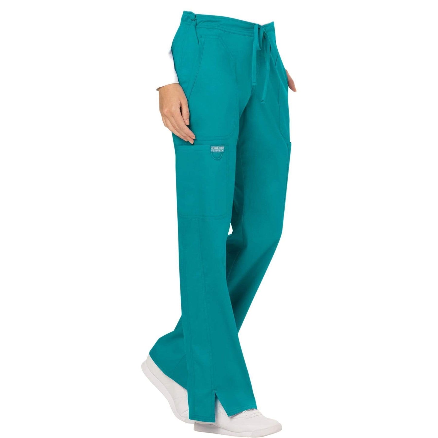 Cherokee Scrubs Pants Cherokee Workwear Revolution WW120 Scrubs Pants Womens Mid Rise Flare Drawstring Teal Blue