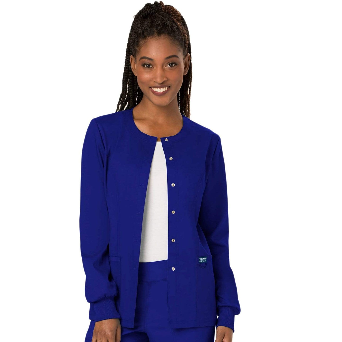 Cherokee Scrubs Jacket Cherokee Workwear Revolution WW310 Scrubs Jacket Womens Snap Front Warm-up Galaxy Blue
