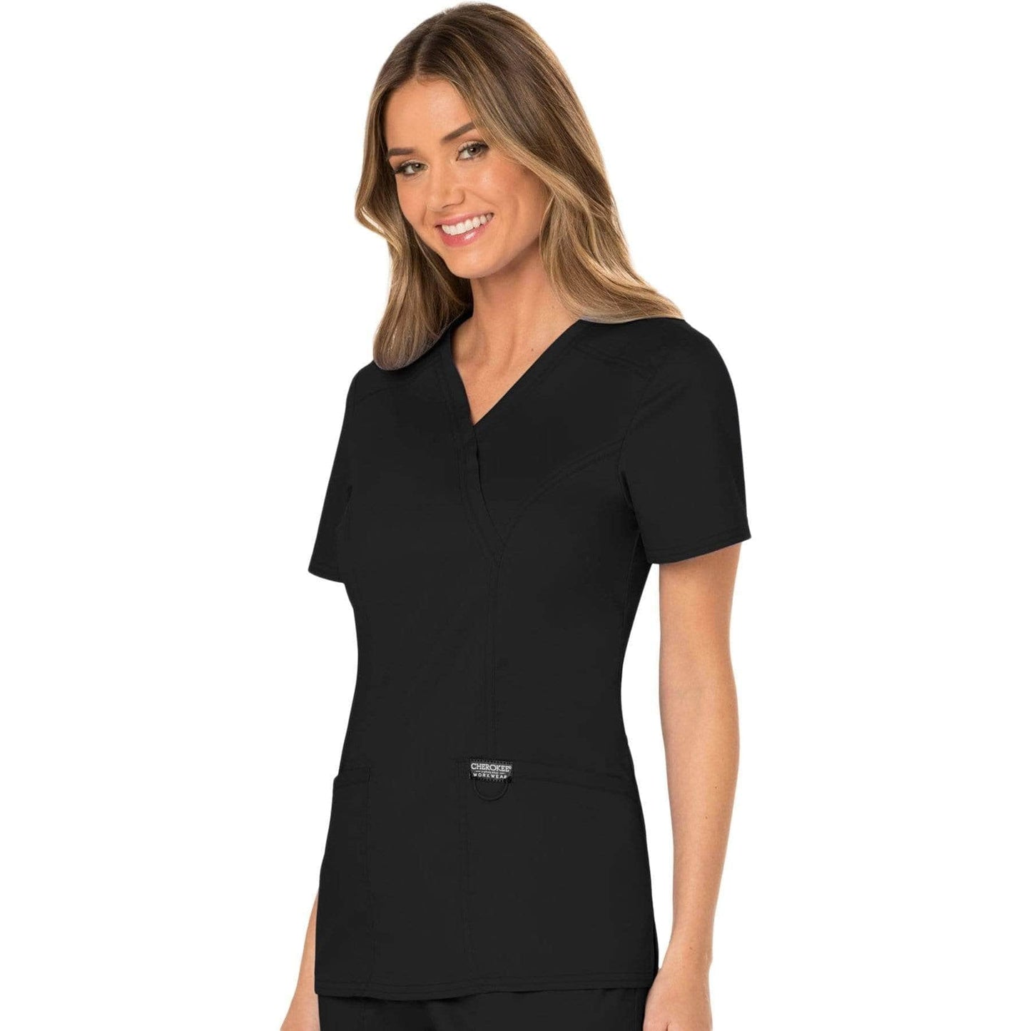 Cherokee Scrubs Top Cherokee Workwear Revolution WW610 Scrubs Top Womens Mock Wrap Black