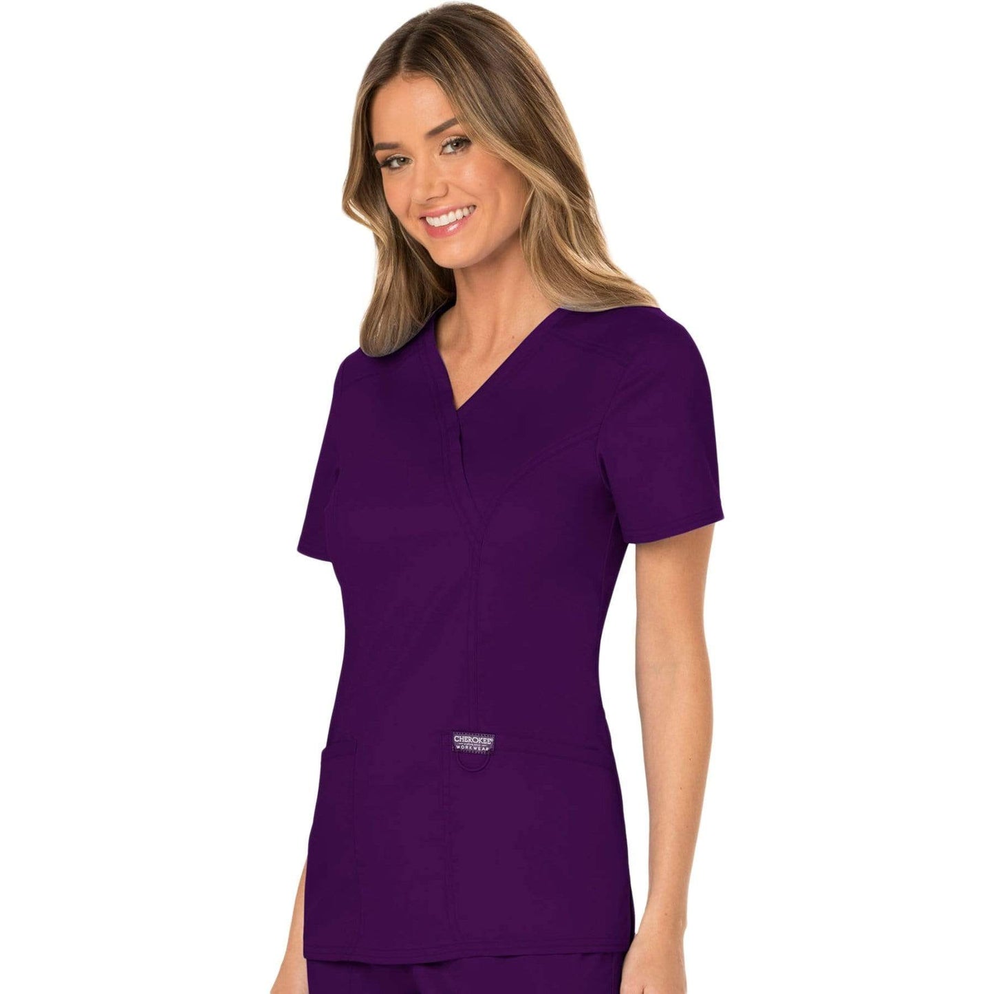 Cherokee Scrubs Top Cherokee Workwear Revolution WW610 Scrubs Top Womens Mock Wrap Eggplant