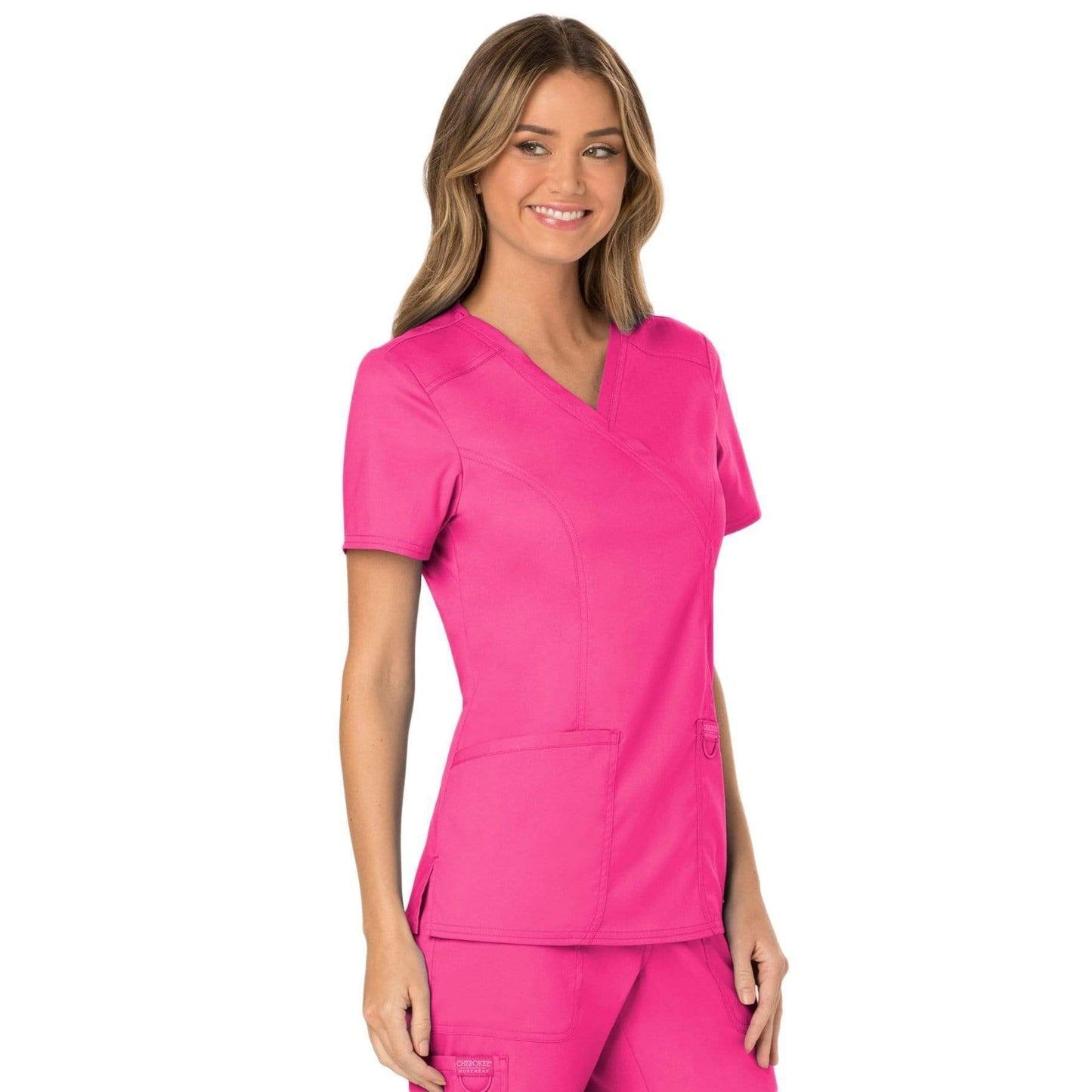 Cherokee Scrubs Top Cherokee Workwear Revolution WW610 Scrubs Top Womens Mock Wrap Electric Pink