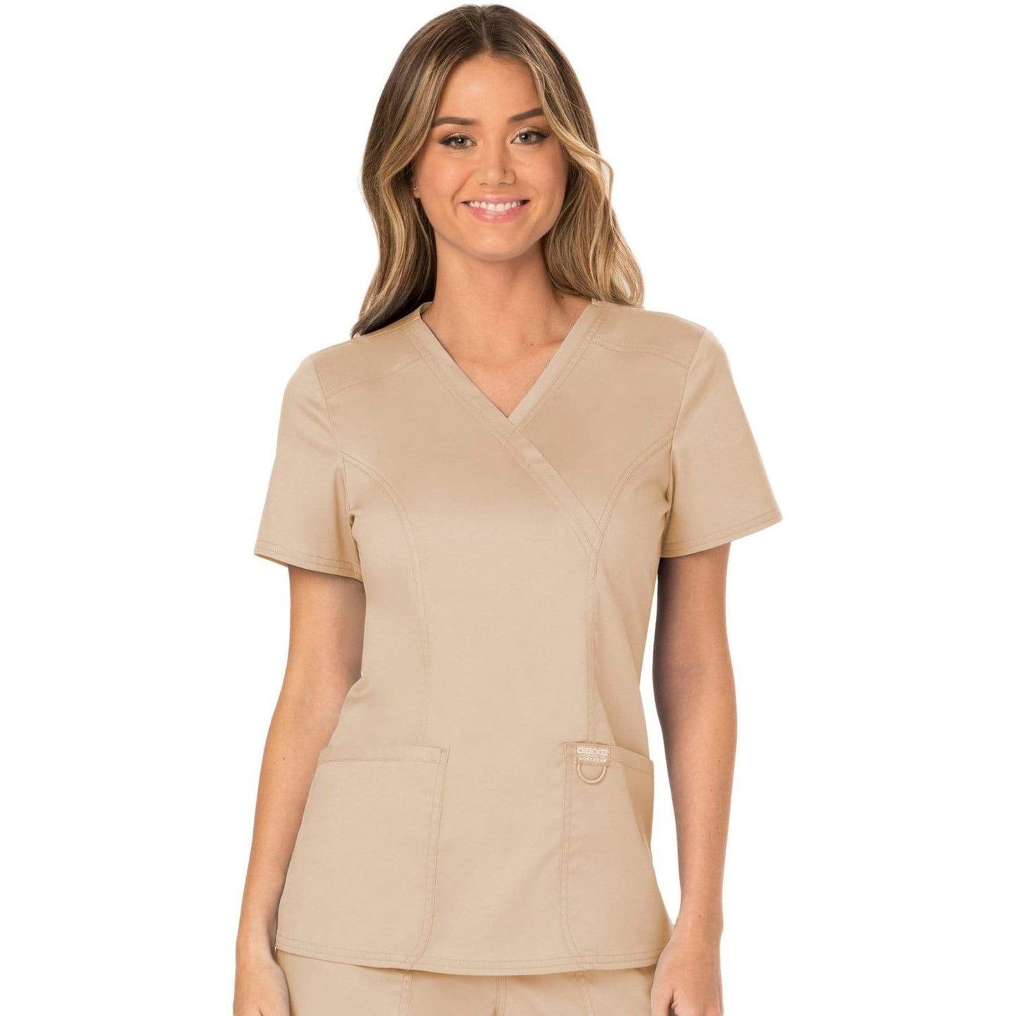 Cherokee Scrubs Top 2XL Cherokee Workwear Revolution WW610 Scrubs Top Womens Mock Wrap Khaki