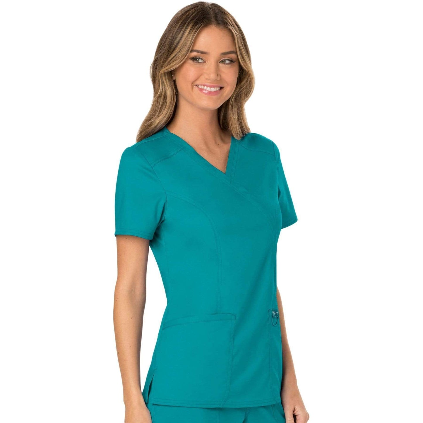 Cherokee Scrubs Top Cherokee Workwear Revolution WW610 Scrubs Top Womens Mock Wrap Teal Blue