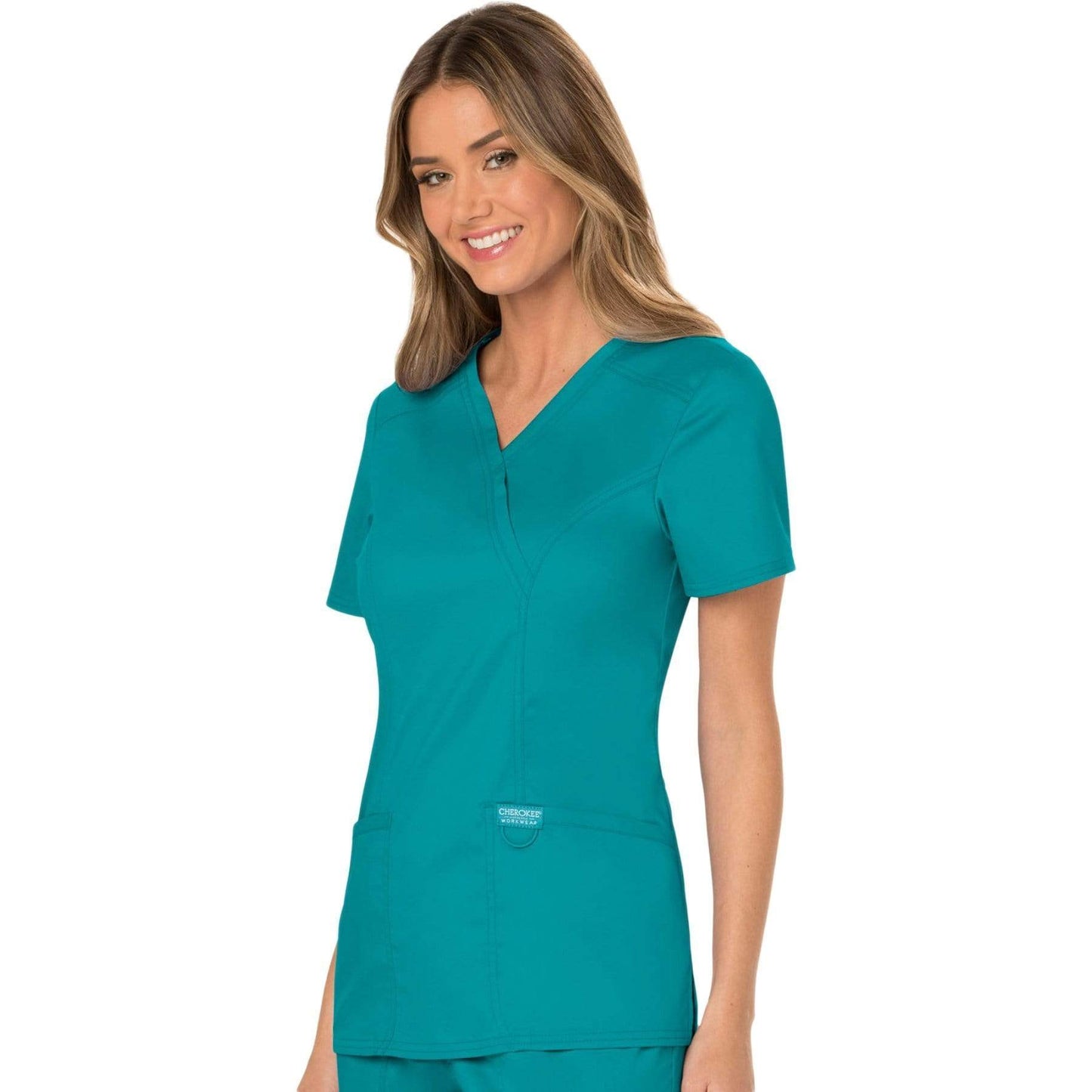 Cherokee Scrubs Top Cherokee Workwear Revolution WW610 Scrubs Top Womens Mock Wrap Teal Blue