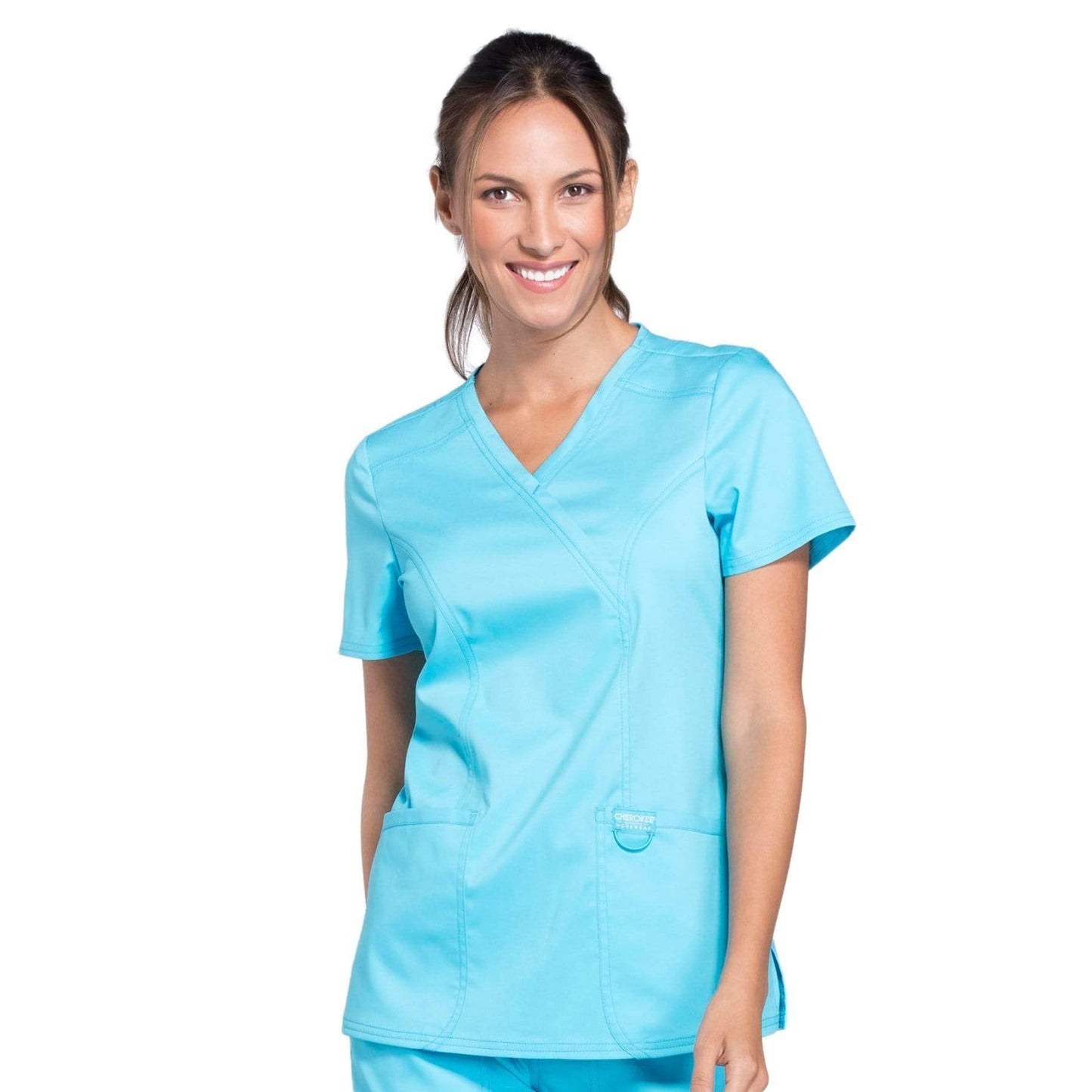 Cherokee Scrubs Top 2XL Cherokee Workwear Revolution WW610 Scrubs Top Womens Mock Wrap Turquoise