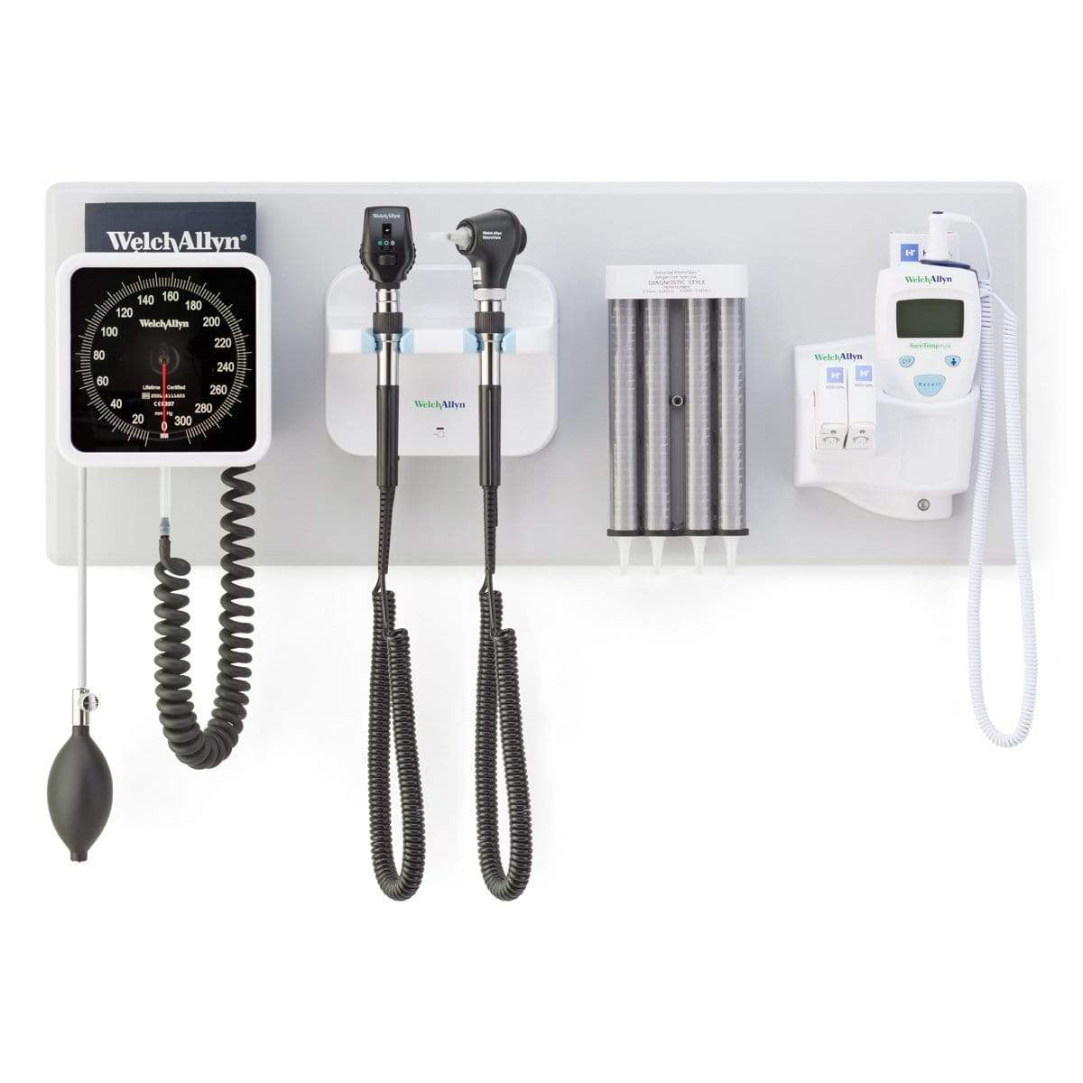 Welch Allyn Wall Diagnostic Sets Wall System LED Coaxial MacroView Basic Dispenser Aneroid SureTemp Hillrom Welch Allyn Green Series 777 Integrated Wall Set - Dispenser, Aneroid + SureTemp