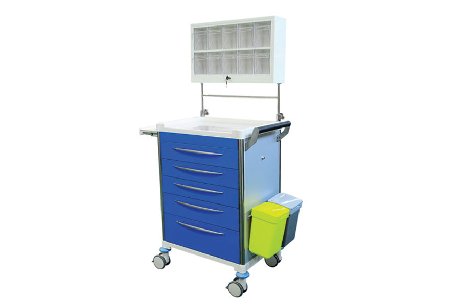 Anaesthesia Trolley with 5 x Blue Drawers and Lockable Storage Containers