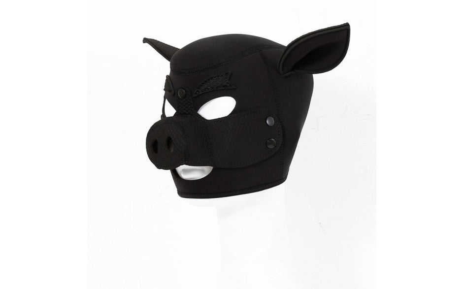 Full Neoprene Pig Play Head Mask with Detachable Muzzle Black