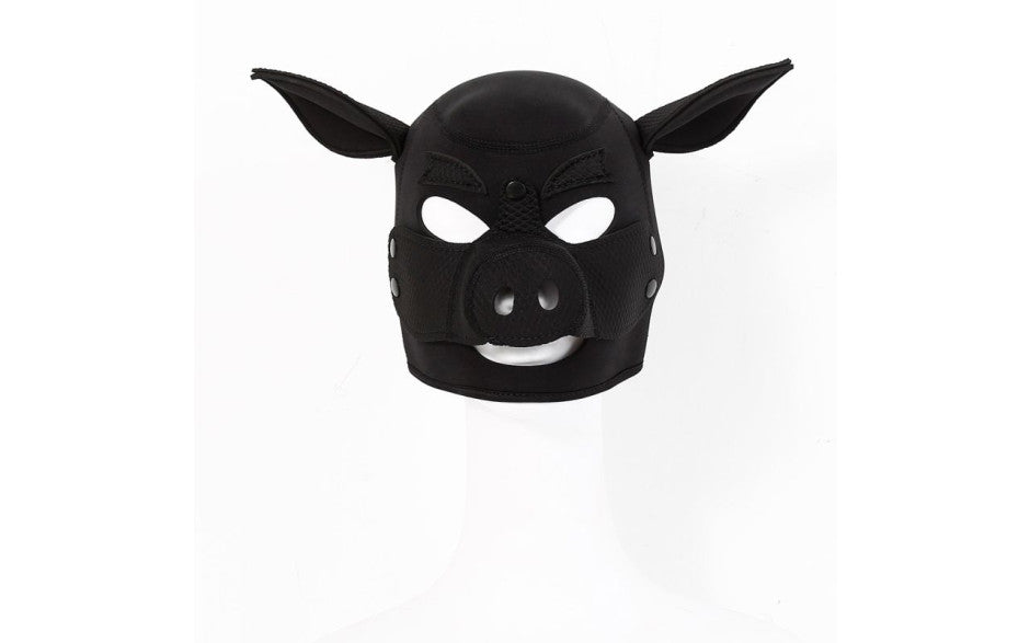 Full Neoprene Pig Play Head Mask with Detachable Muzzle Black