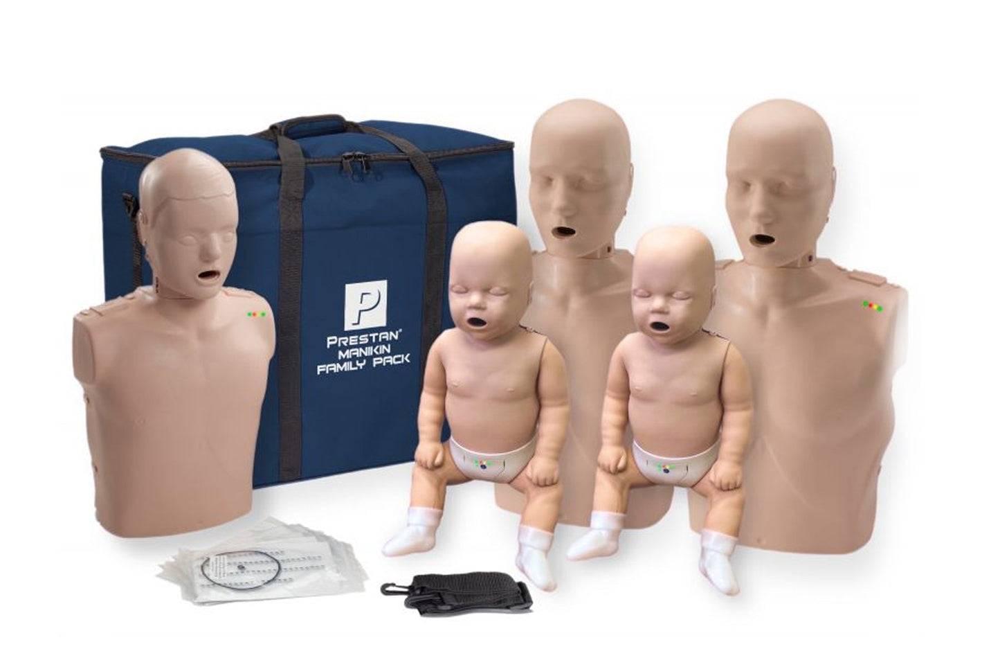 The Prestan Professional Family Pack: 2 adults, 1 child, 2 infants all with Blue CPR Monitor - with 20 adult lung bags, 10 child lung bags, 20 infant lung bags and a nylon carrying case