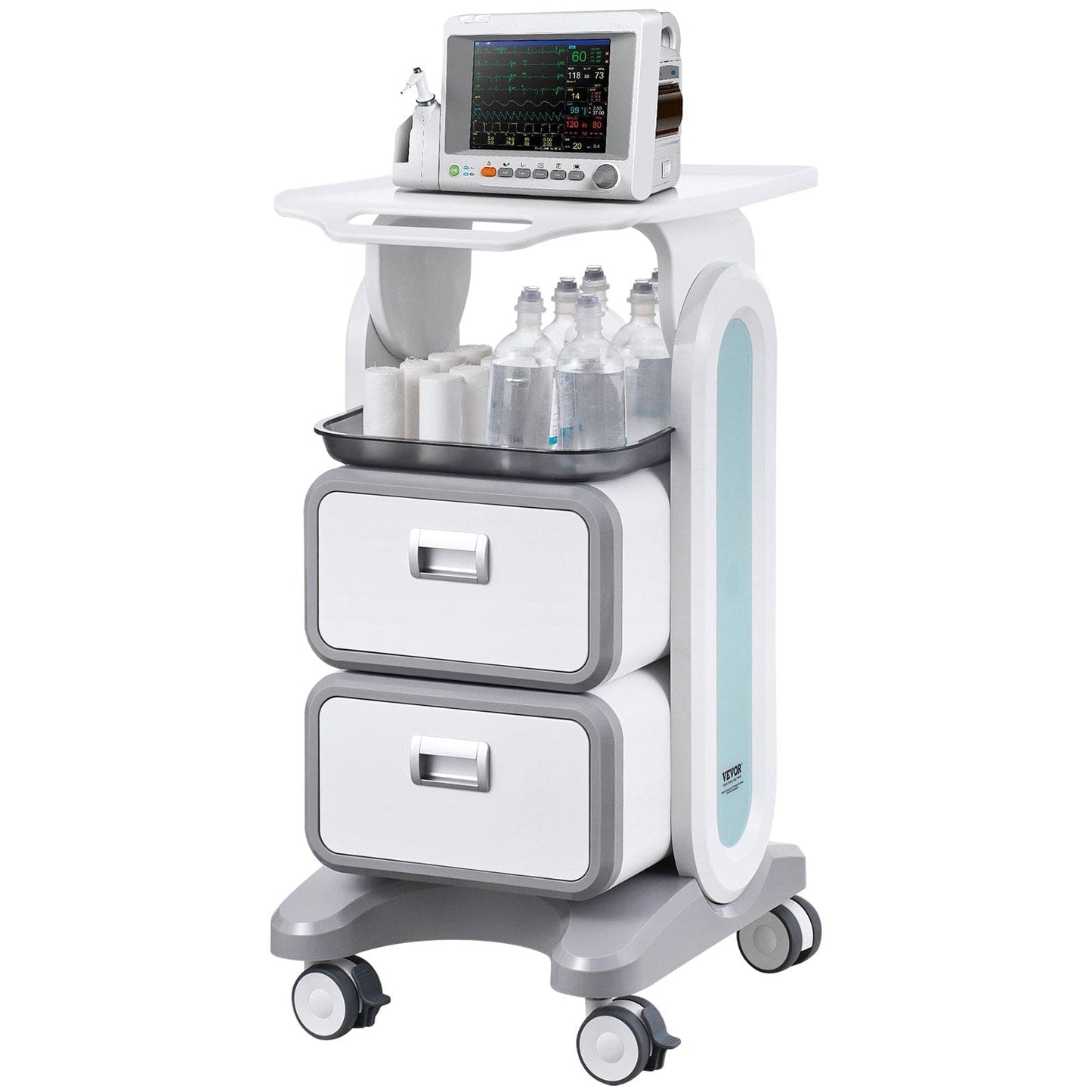 3 Tiers Lab Carts, Lab Utility Cart with 2 Drawers & 1 Top Tray, Mobile Medical Cart with ABS Material, Lab Rolling Cart with 4 Silent Wheels for Lab, Clinic, Hospital, Salon, White