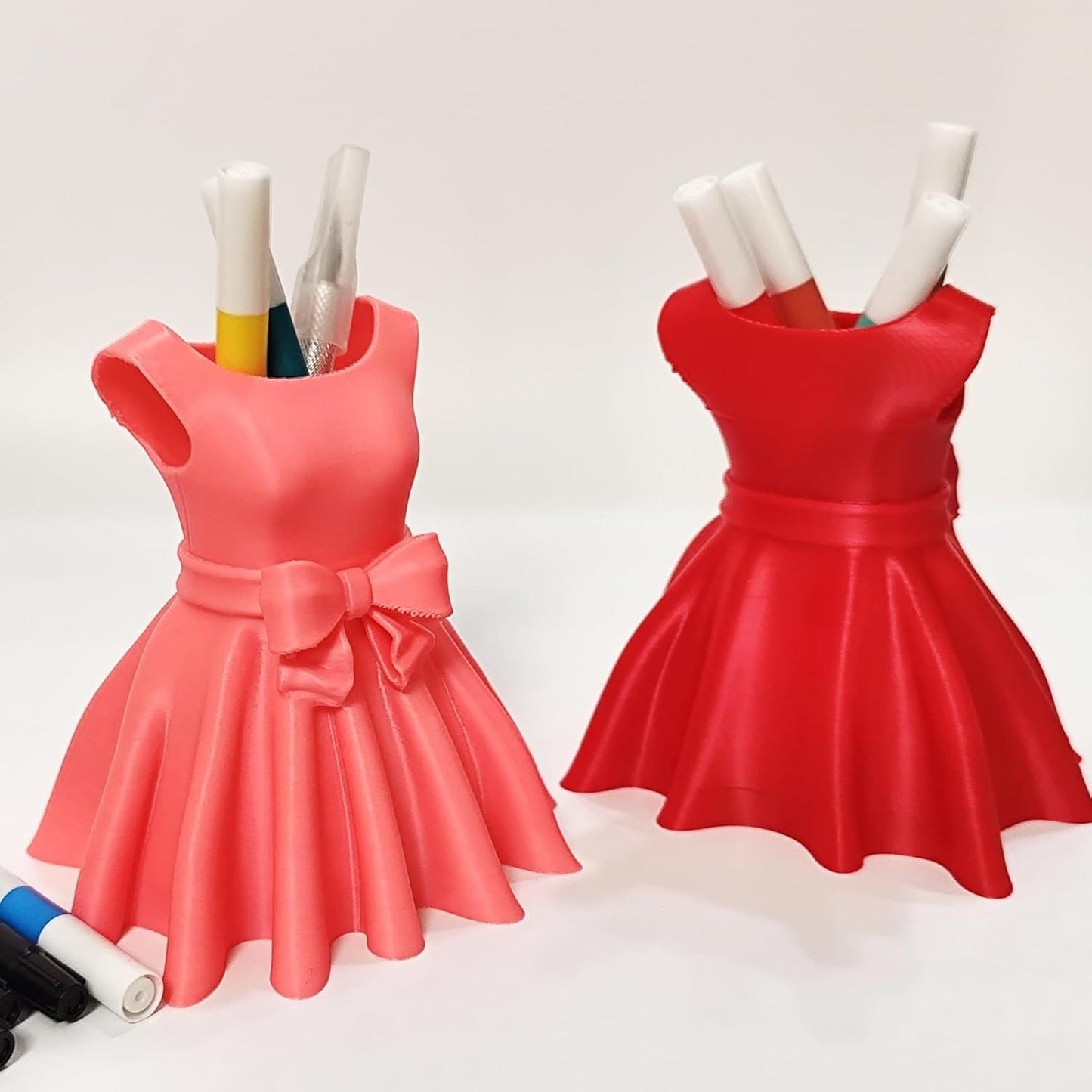 3D Printed Dress Pen Holder- Elegant Pink Dress Shape with Bow, Desk Organizer for Pens, Makeup Brushes, Unique Gift Idea