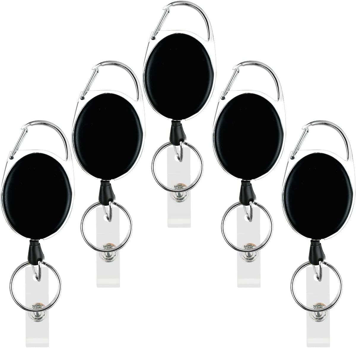 5 Pack Heavy Duty Retractable Badge Reel Id Card Holder with Clip and Key Ring Carabiner Keychain Belt Black Vertical Reels Holders for Nurse Doctor Office Worker Specialist Clear Name