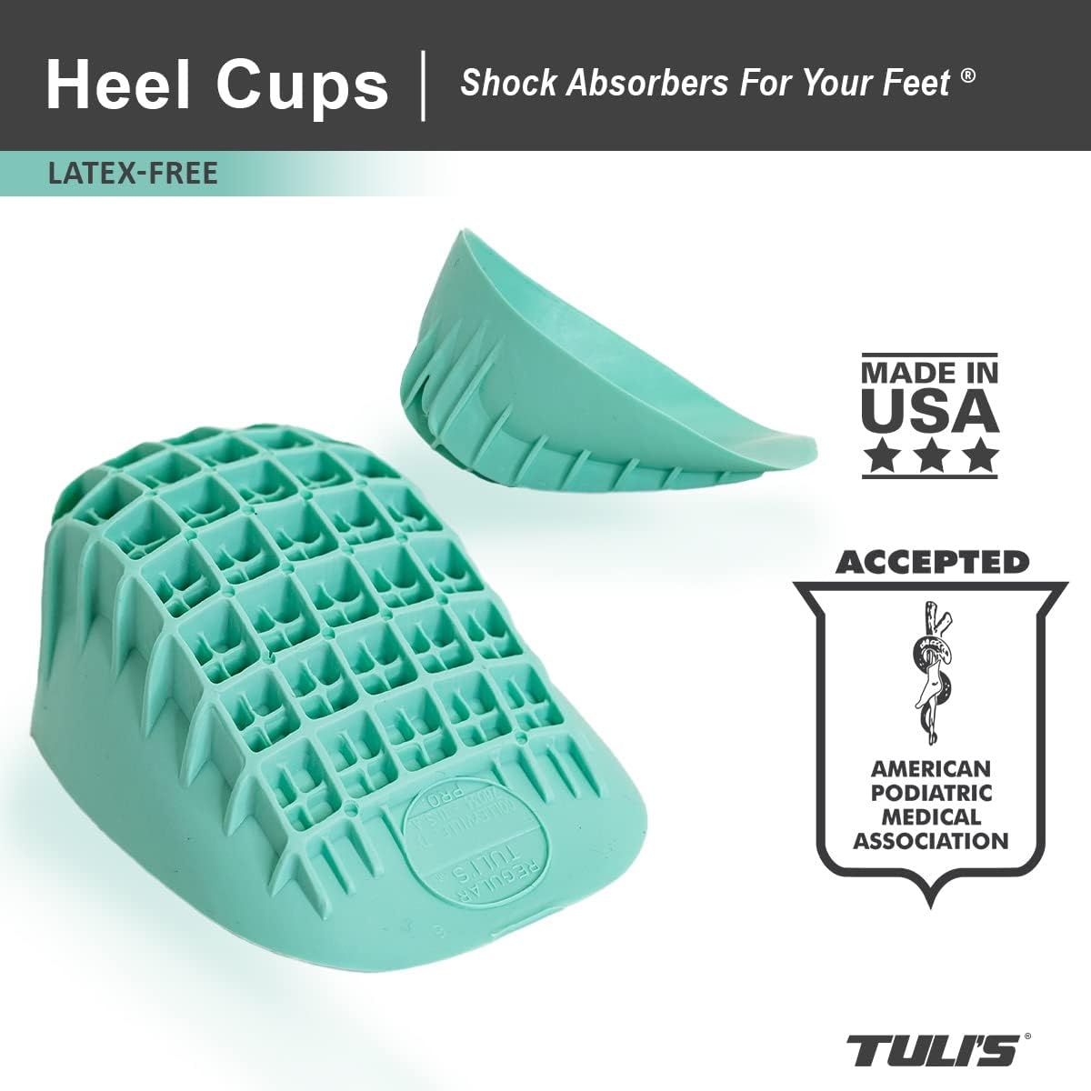 TULI's Heel Cups - Heavy Duty Green, Shock Absorbing Heel Cups for Heel Pain Relief, Heel Spurs, and Foot Supportups