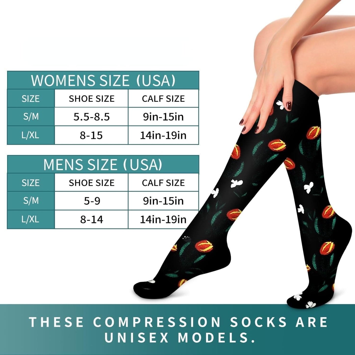 6Pairs Compression Socks for Women and Men - Best for Circulation, Running, Athletic, Recover, Nurse, Travel L/XL 06 Black Flower