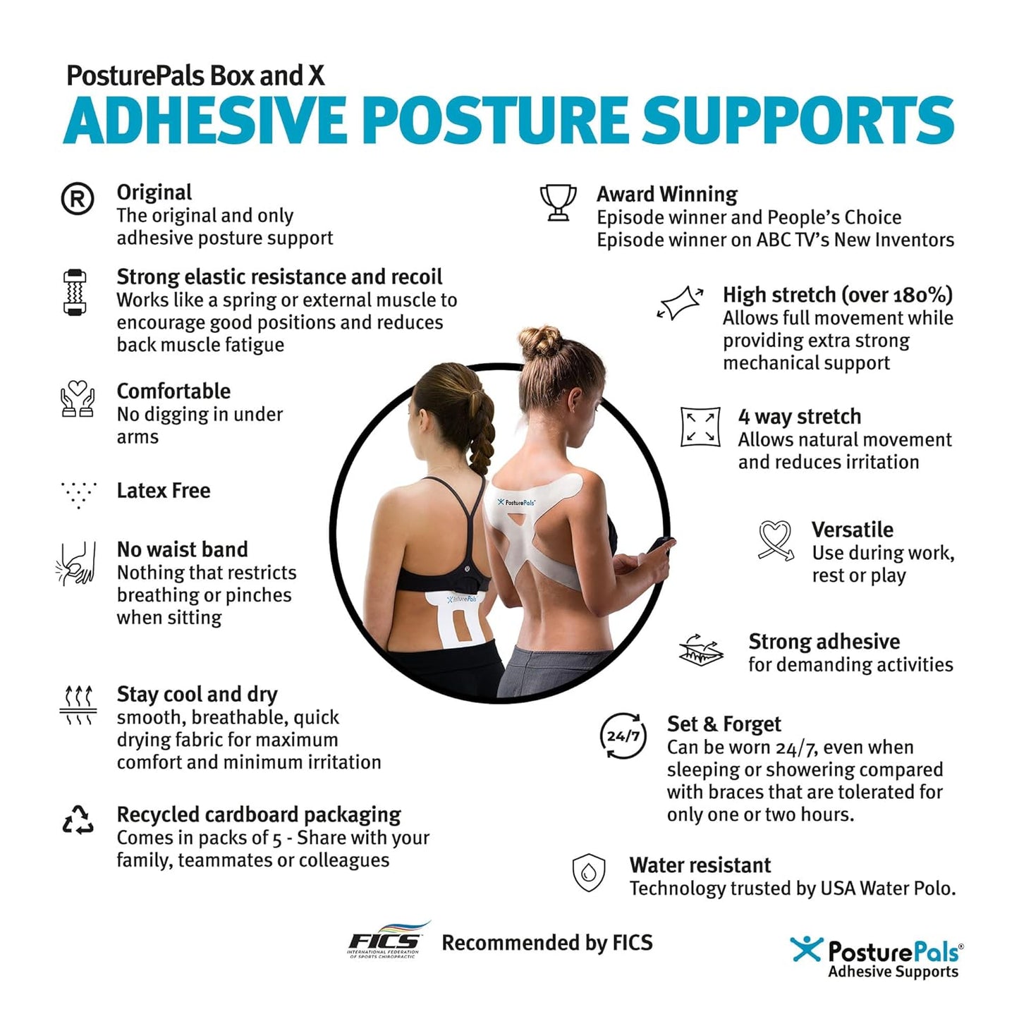 PosturePals Box Shape Posture Corrector Support Tape – Pack of 5 | Waterproof Physio Tape