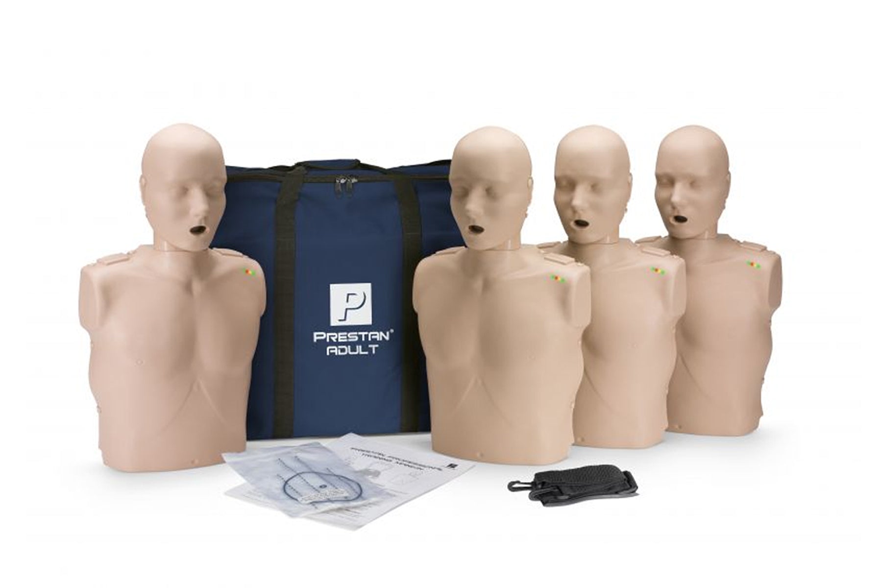 Prestan Professional Adult CPR-AED Training Manikins 4-Pack - with Blue CPR Monitor, 50 lung bags and a nylon carrying case
