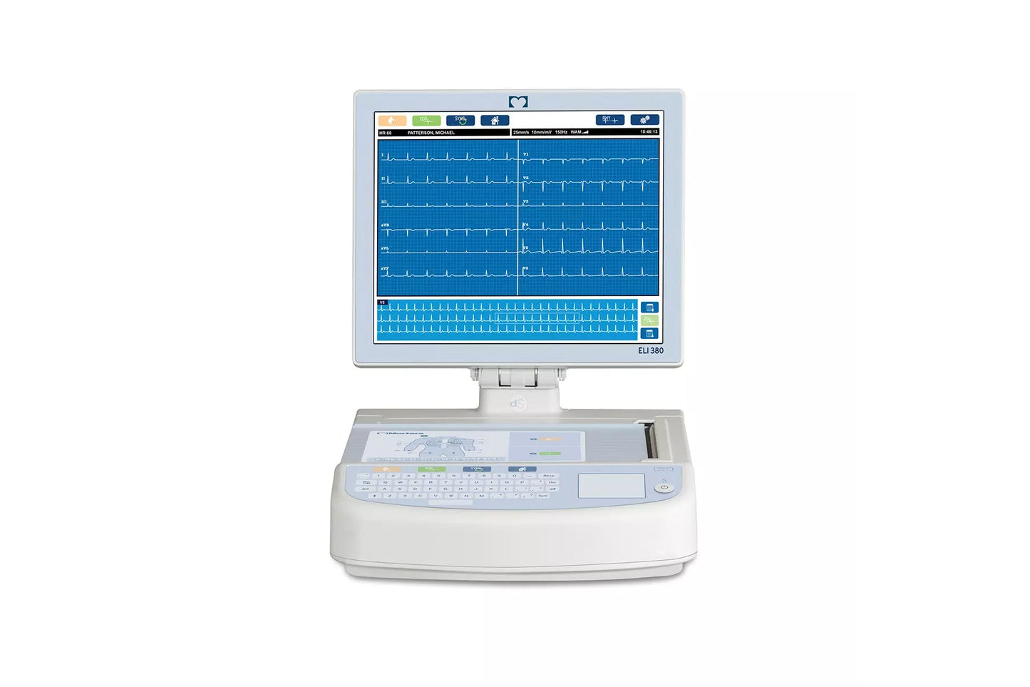 Hillrom - Welch Allyn Mortara Eli380 12 lead Resting ECG with WAM Wireless Patient Connection and Interpretation plus Colour Touchscreen Swivel Display and built-in Keyboard and Printer