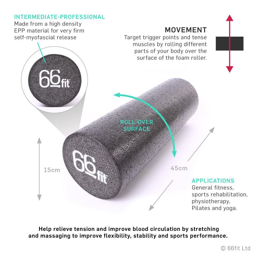 66fit High-Density Foam Roller — Black (15 cm x 45 cm)