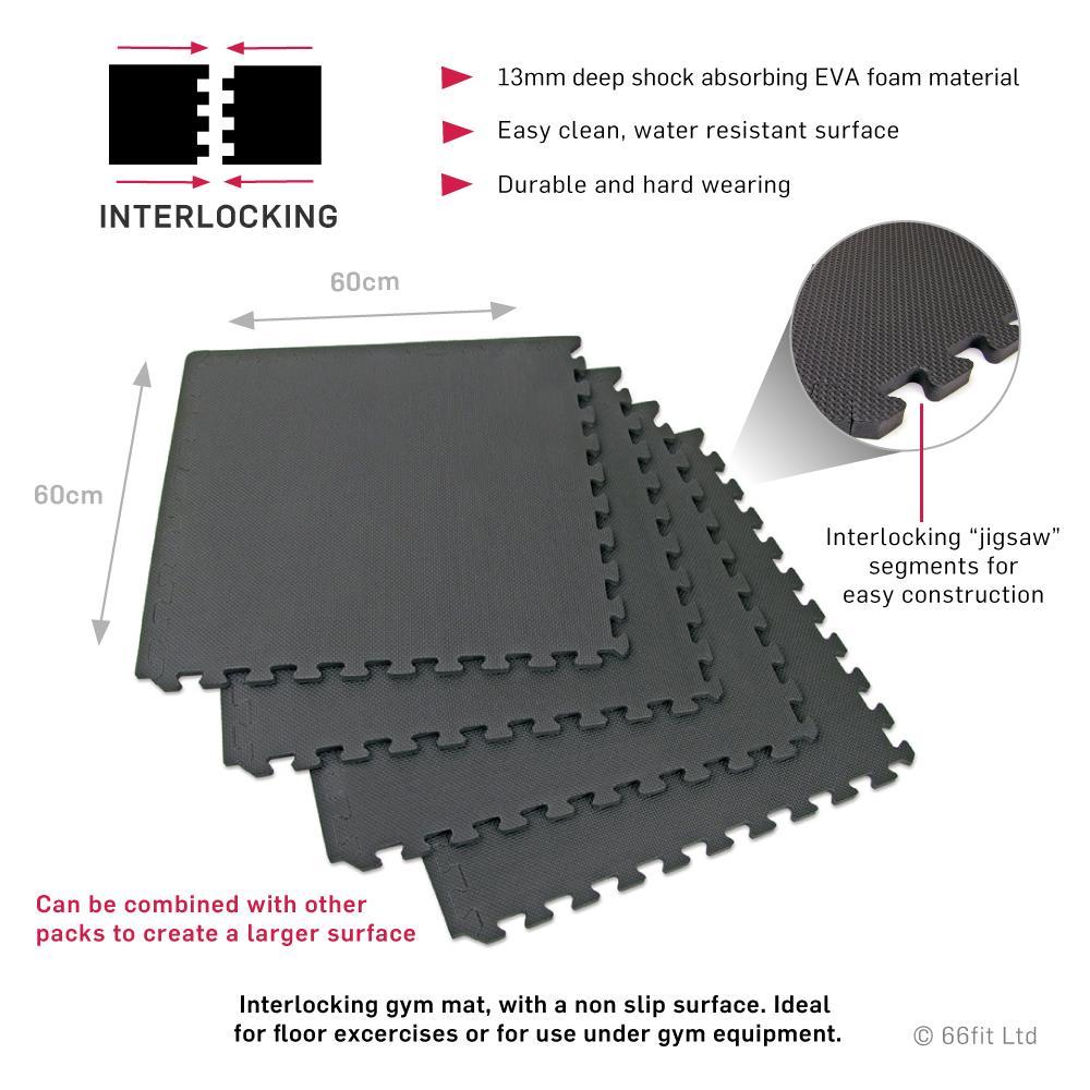 66fit Interlocking Jigsaw Gym Mat — 4-Pack (60×60 cm tiles, 1.44 m²)