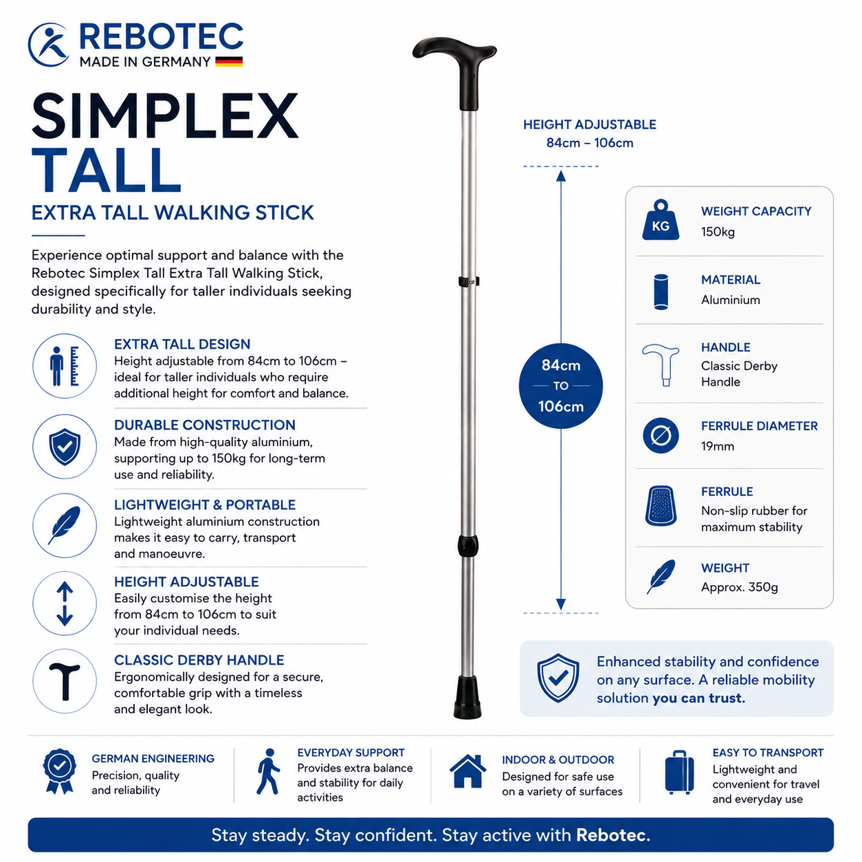 Extra Tall Walking Stick - Adjustable & Sturdy Aluminium Cane for Tall Individuals, Made in Germany