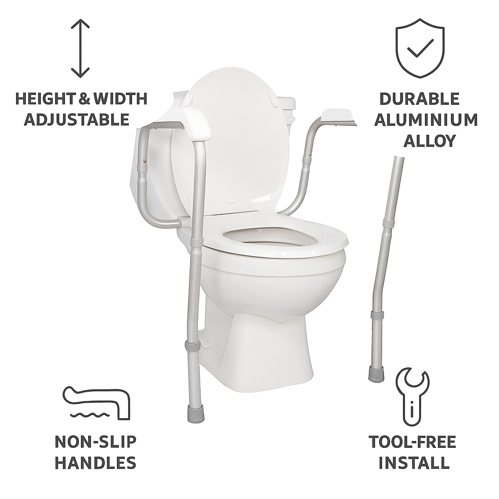 Adjustable Toilet Safety Rails – Height & Width Adjustable Bathroom Support Frame for Seniors & Mobility Aid