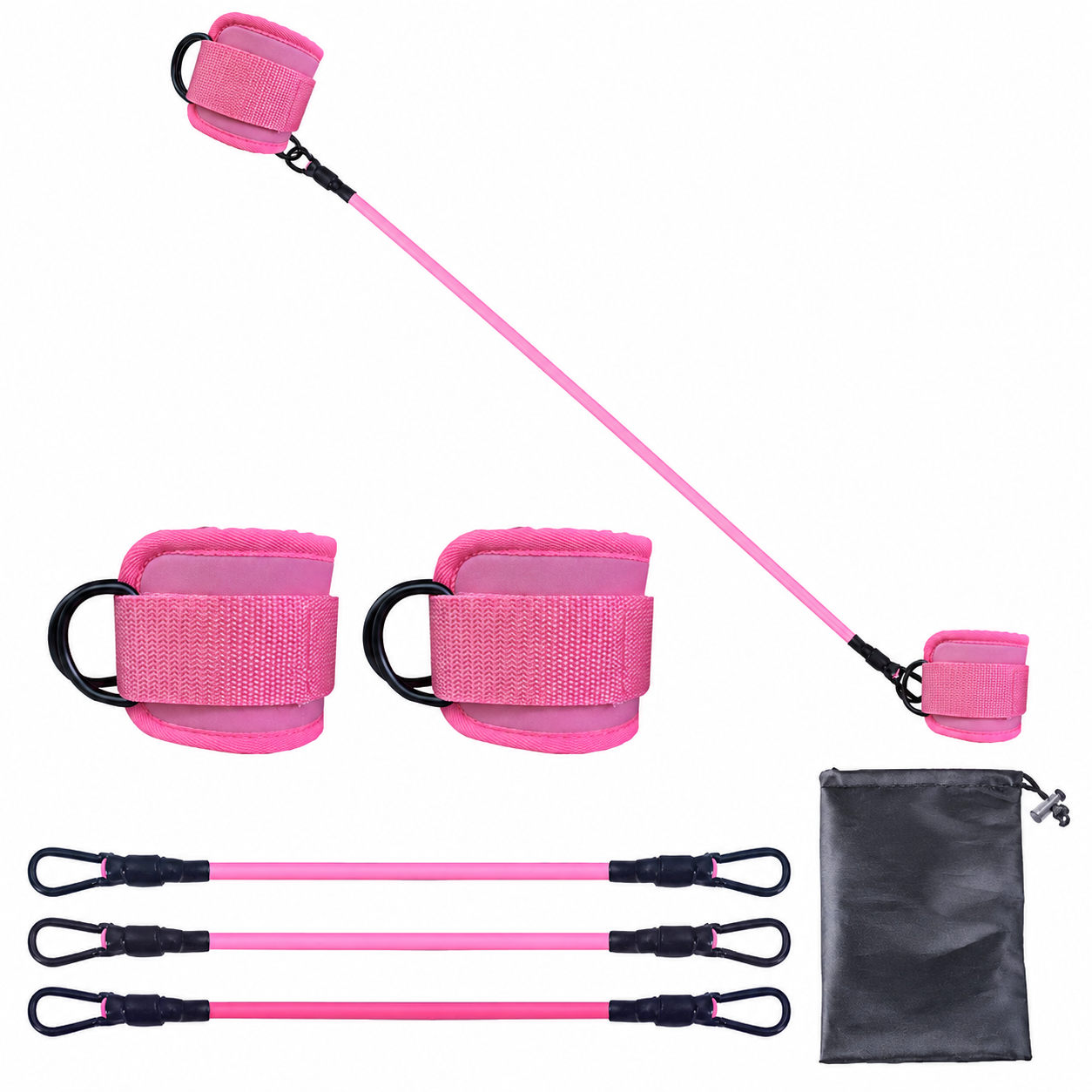 Pink Silver Snap Resistance Bands Set with Ankle Straps - Glute Workouts 10-30lbs
