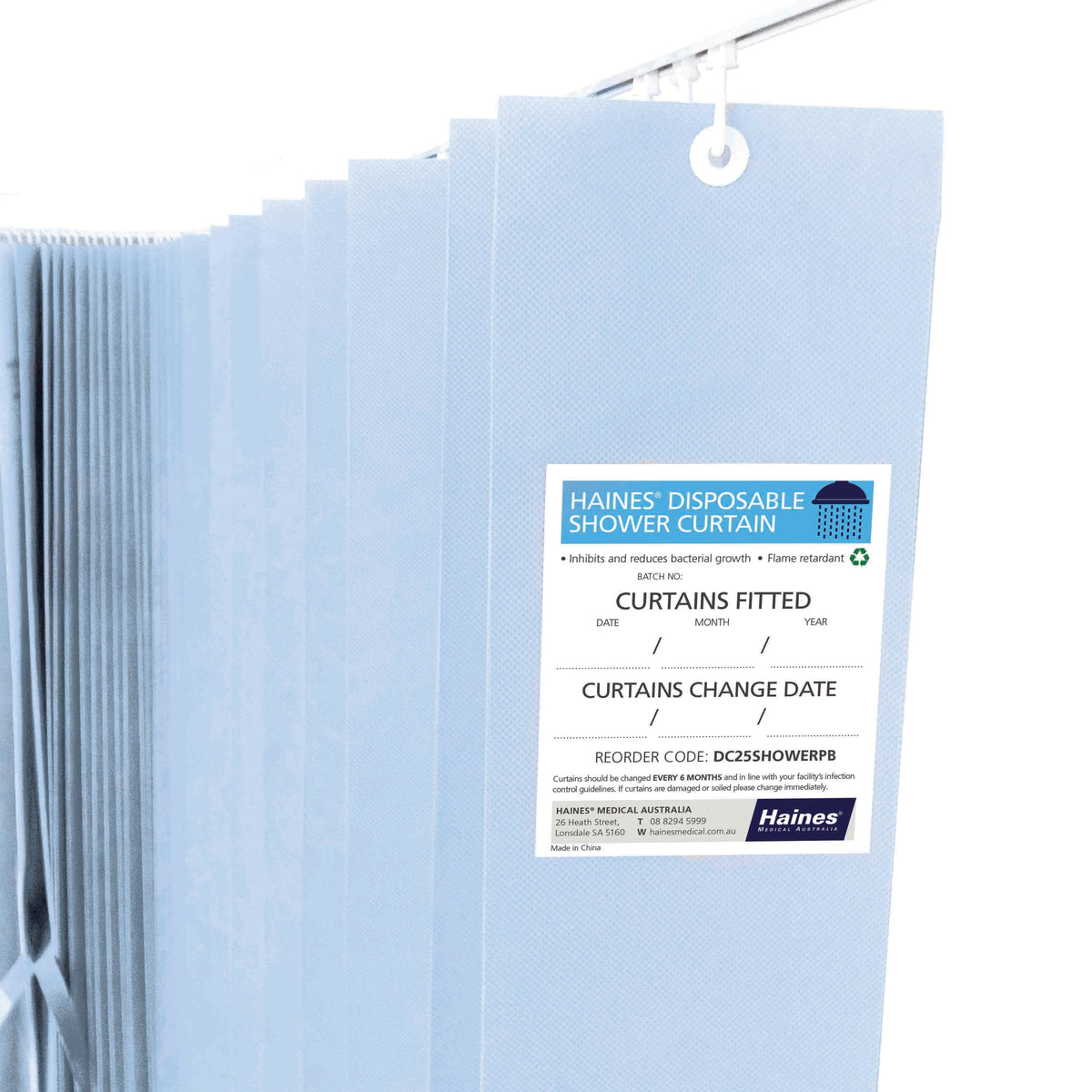 Haines Disposable Shower Curtain 2.5m x 1.8m White. Antimicrobial and fire retar