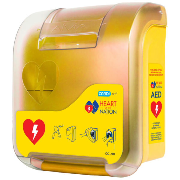 Alarmed AED Cabinet – Yellow Wall Mount Defibrillator Storage | CardiAct (Heart of the Nation)