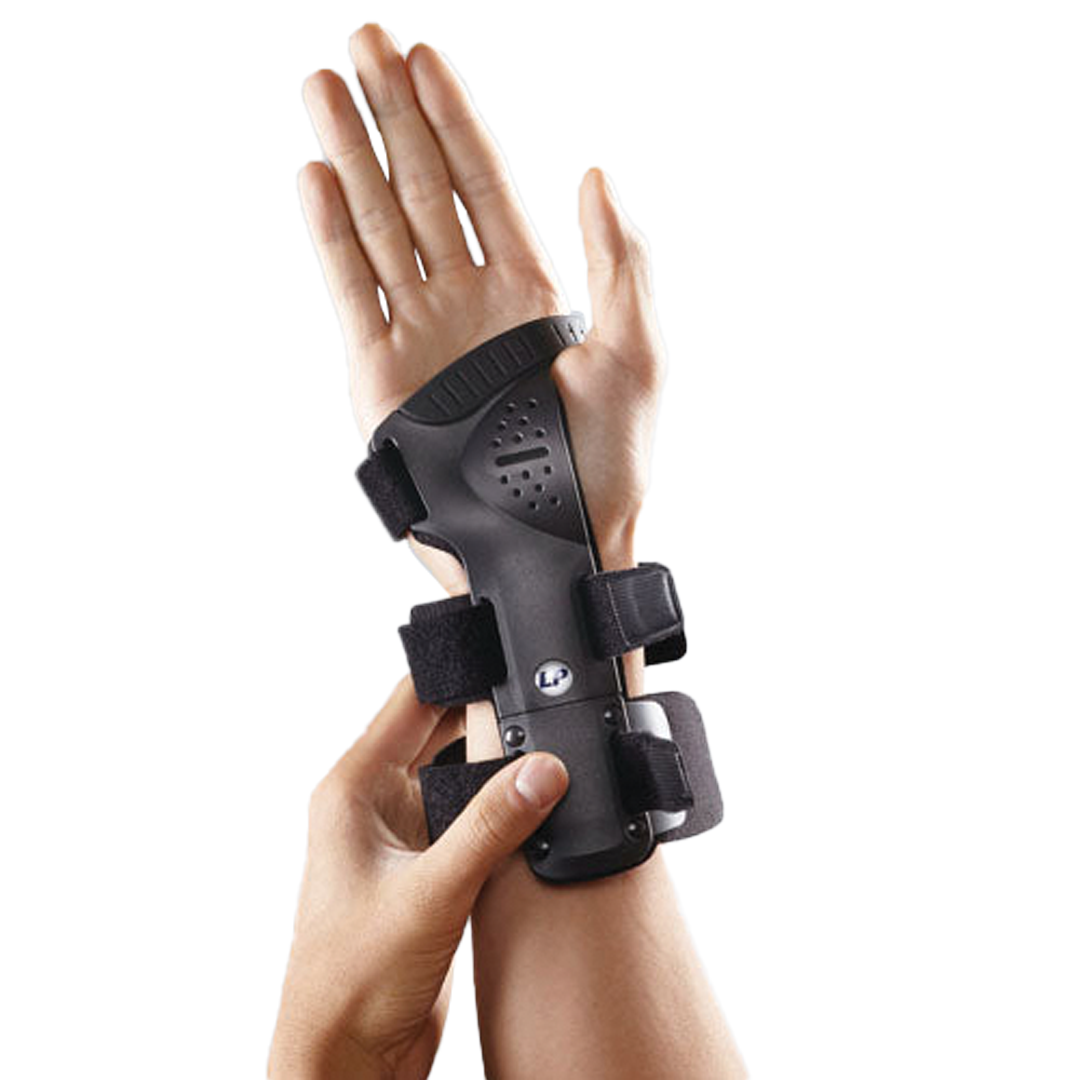 Rigid wrist brace with ventilated pad and finger strap