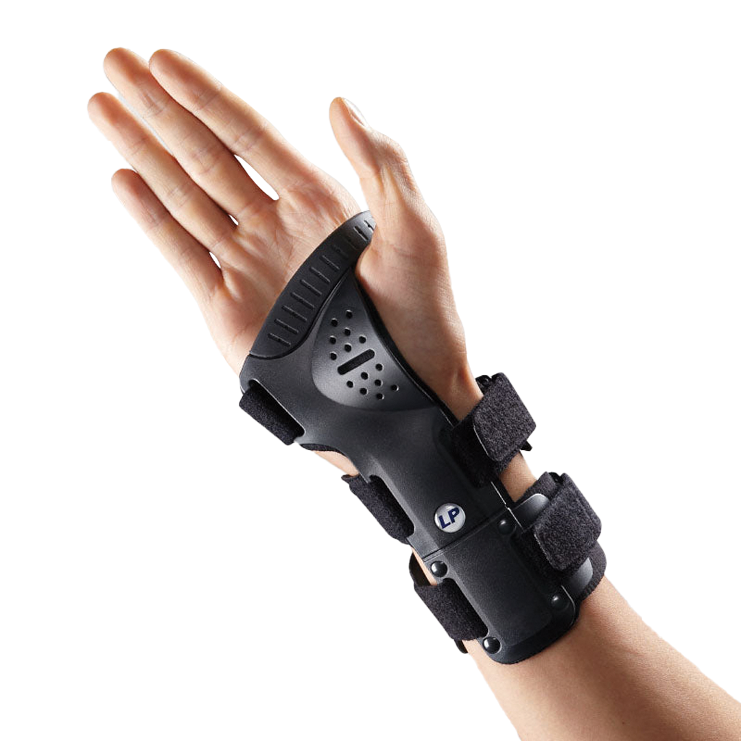 Rigid wrist brace with ventilated pad and finger strap