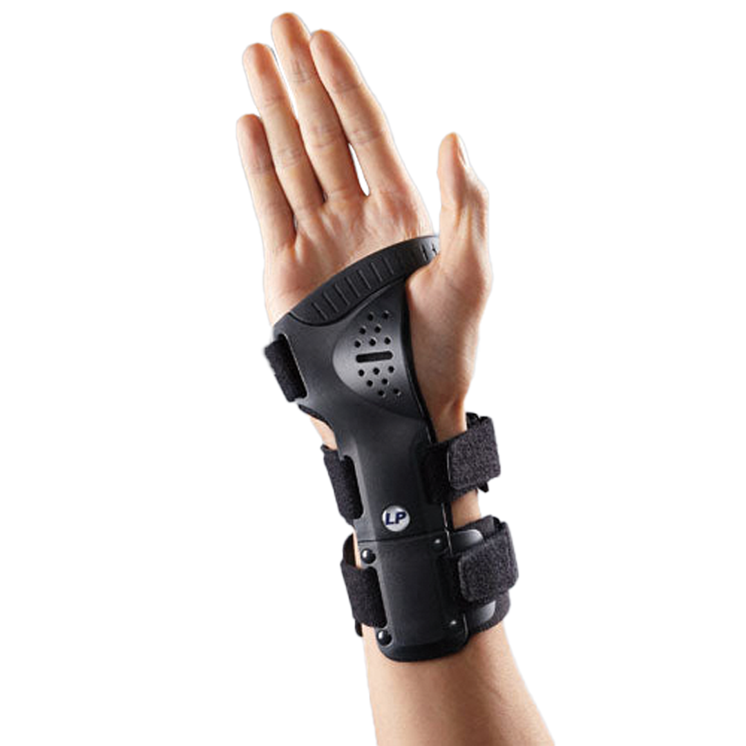 Rigid wrist brace with ventilated pad and finger strap