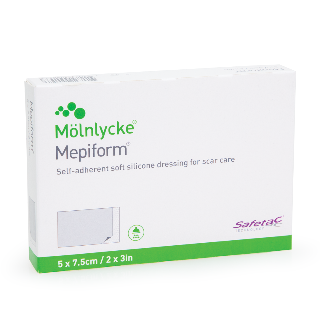 Mepiform self adherent dressing for scar reduction