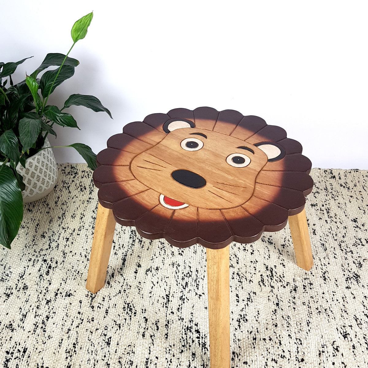 Lion Kids Table Set with Ram & Sheep Stools – Handmade Solid Hardwood