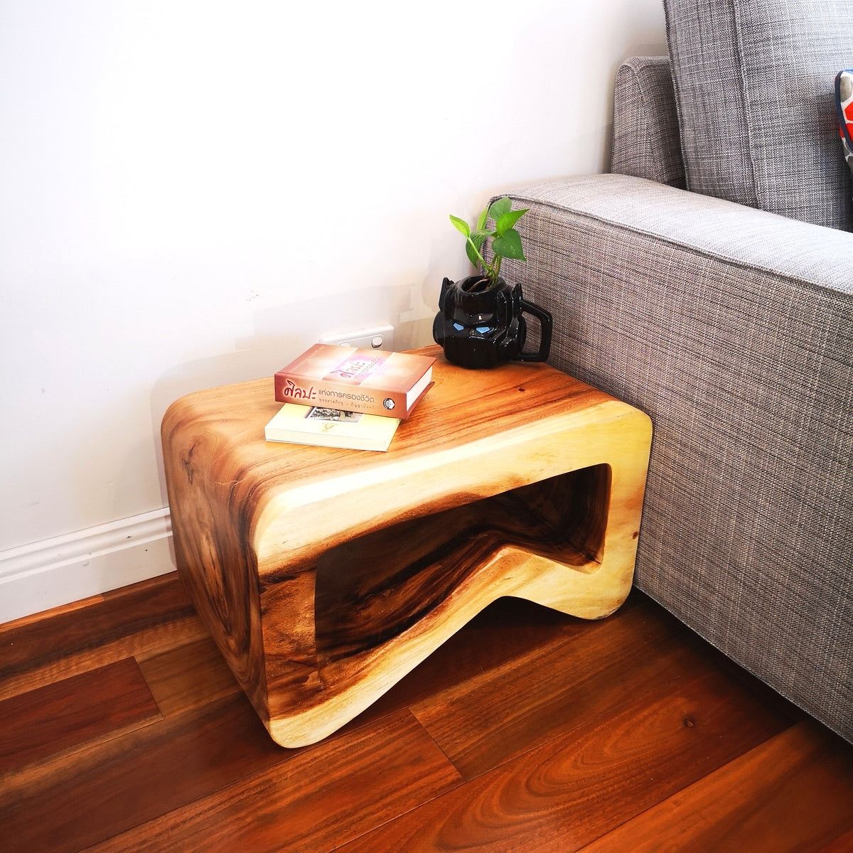 B Shape Raintree Wood Side Table Plant Stand Stool 50cm - Clear Finish