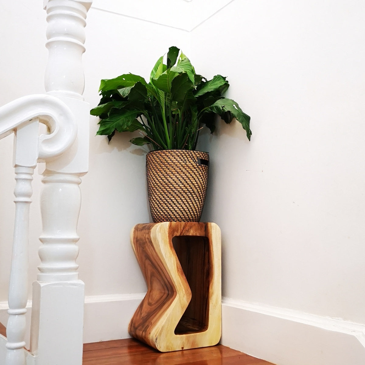 B Shape Raintree Wood Side Table Plant Stand Stool 50cm - Clear Finish