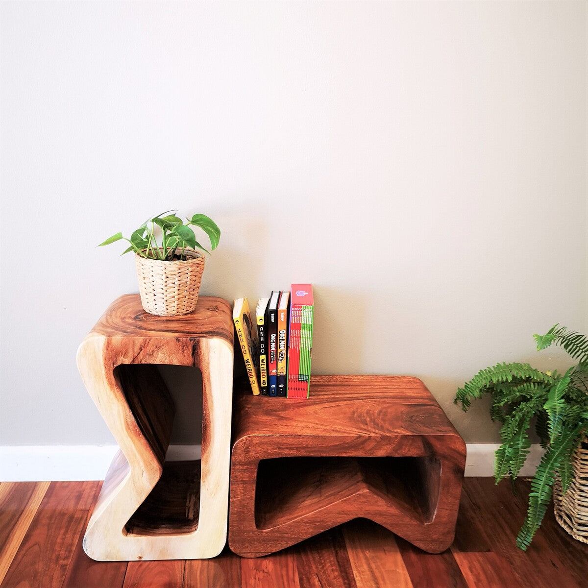 B Shape Raintree Wood Side Table Plant Stand Stool 50cm - Clear Finish