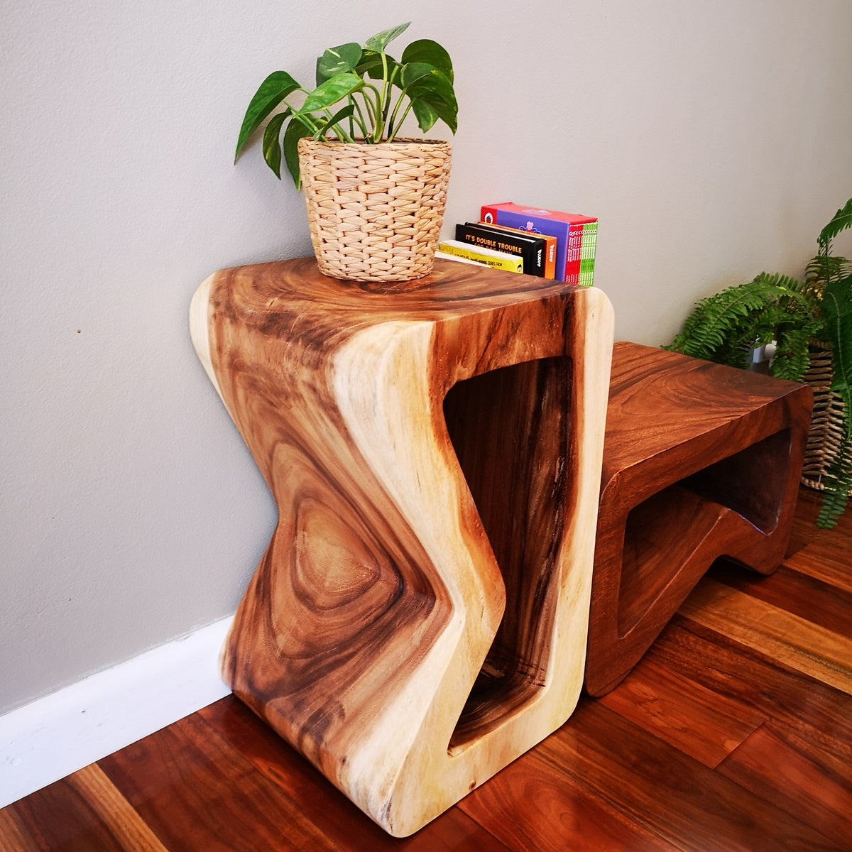 B Shape Raintree Wood Side Table Plant Stand Stool 50cm - Clear Finish