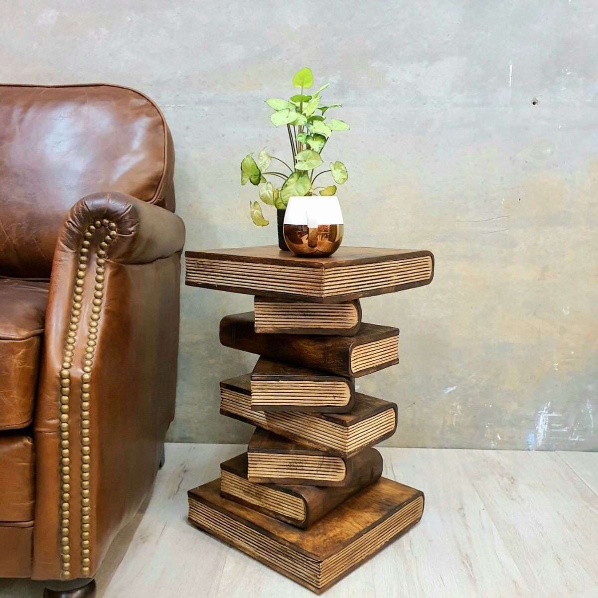 Solid Timber Book Stack Side Table - Rustic Timber Plant Stand / Corner Stool Natural Finish