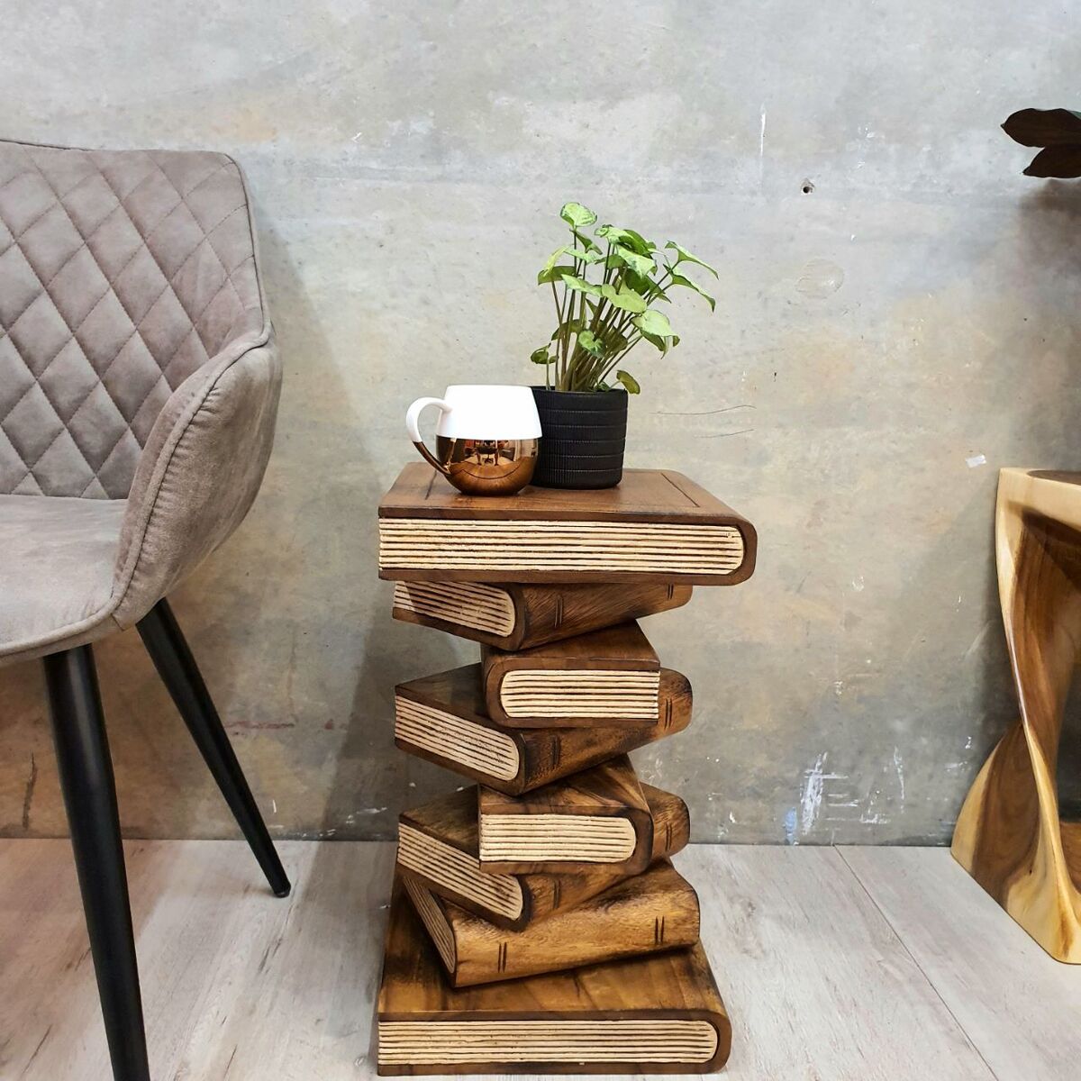 Solid Timber Book Stack Side Table - Rustic Timber Plant Stand / Corner Stool Natural Finish