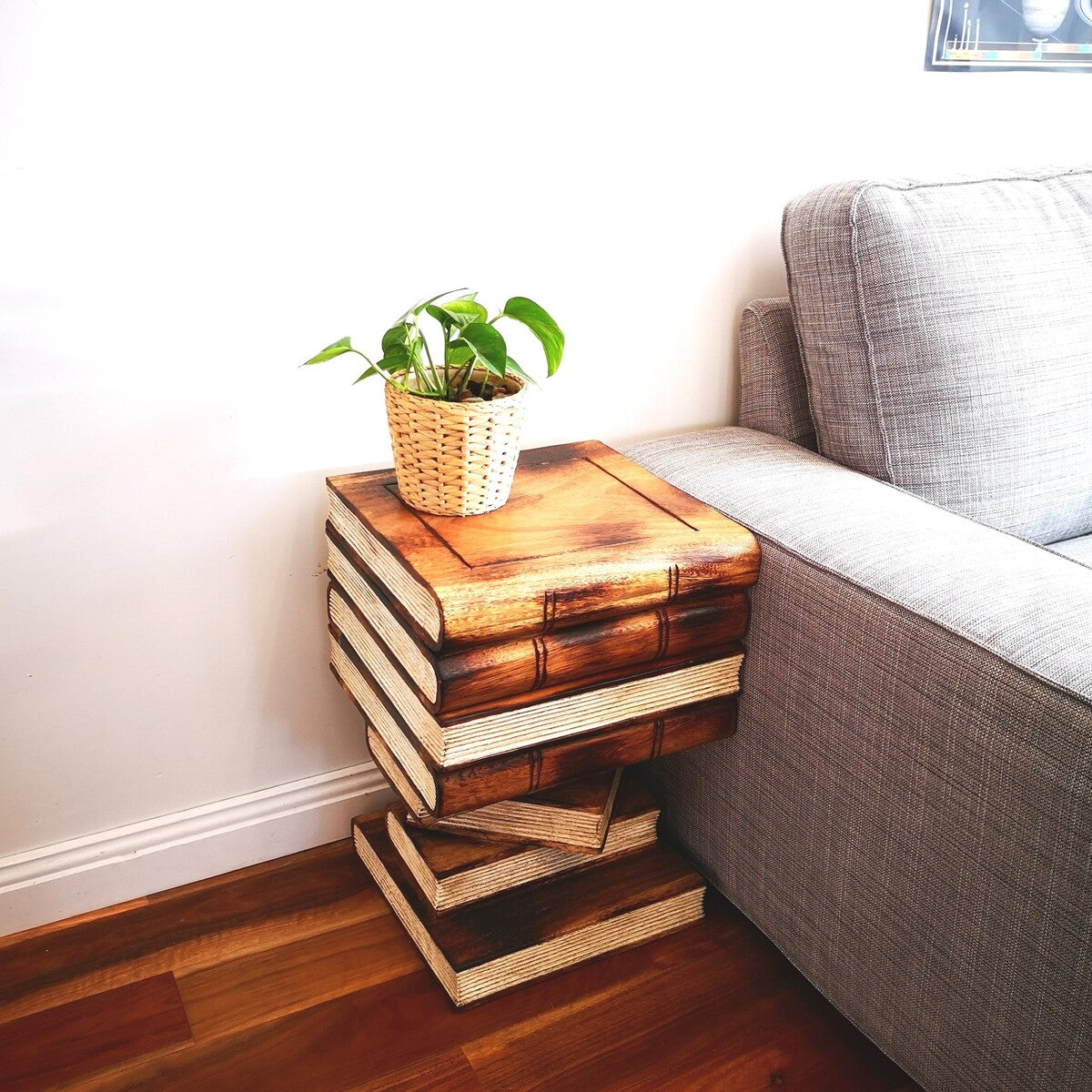 Artisan Timber Book Stack Side Table with Storage | Hardwood Bedside Table Natural Burned