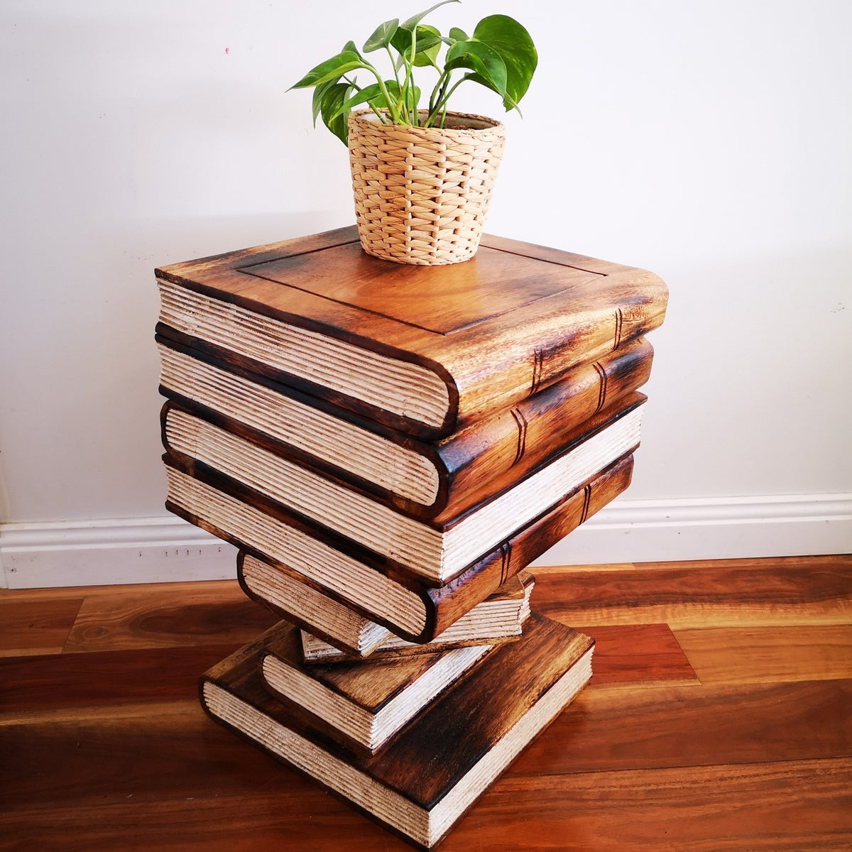 Artisan Timber Book Stack Side Table with Storage | Hardwood Bedside Table Natural Burned