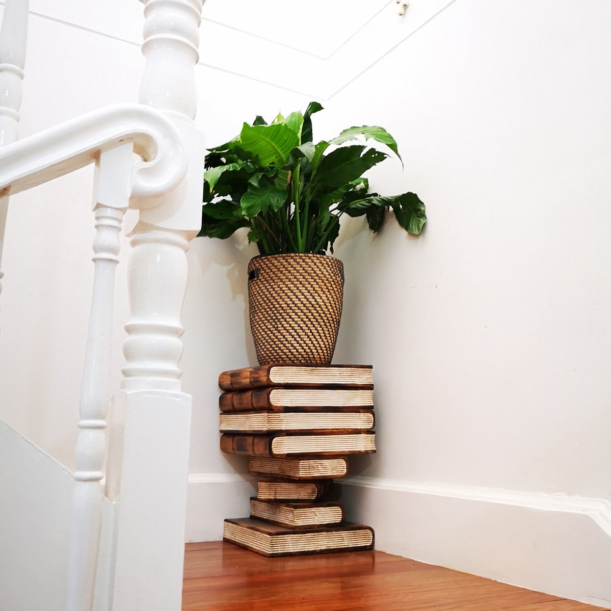 Artisan Timber Book Stack Side Table with Storage | Hardwood Bedside Table Natural Burned